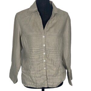TRACY M Women Linen Shirt Sz L Tan 3/4 Sleeve Button Front Pintuck Office 8A-11